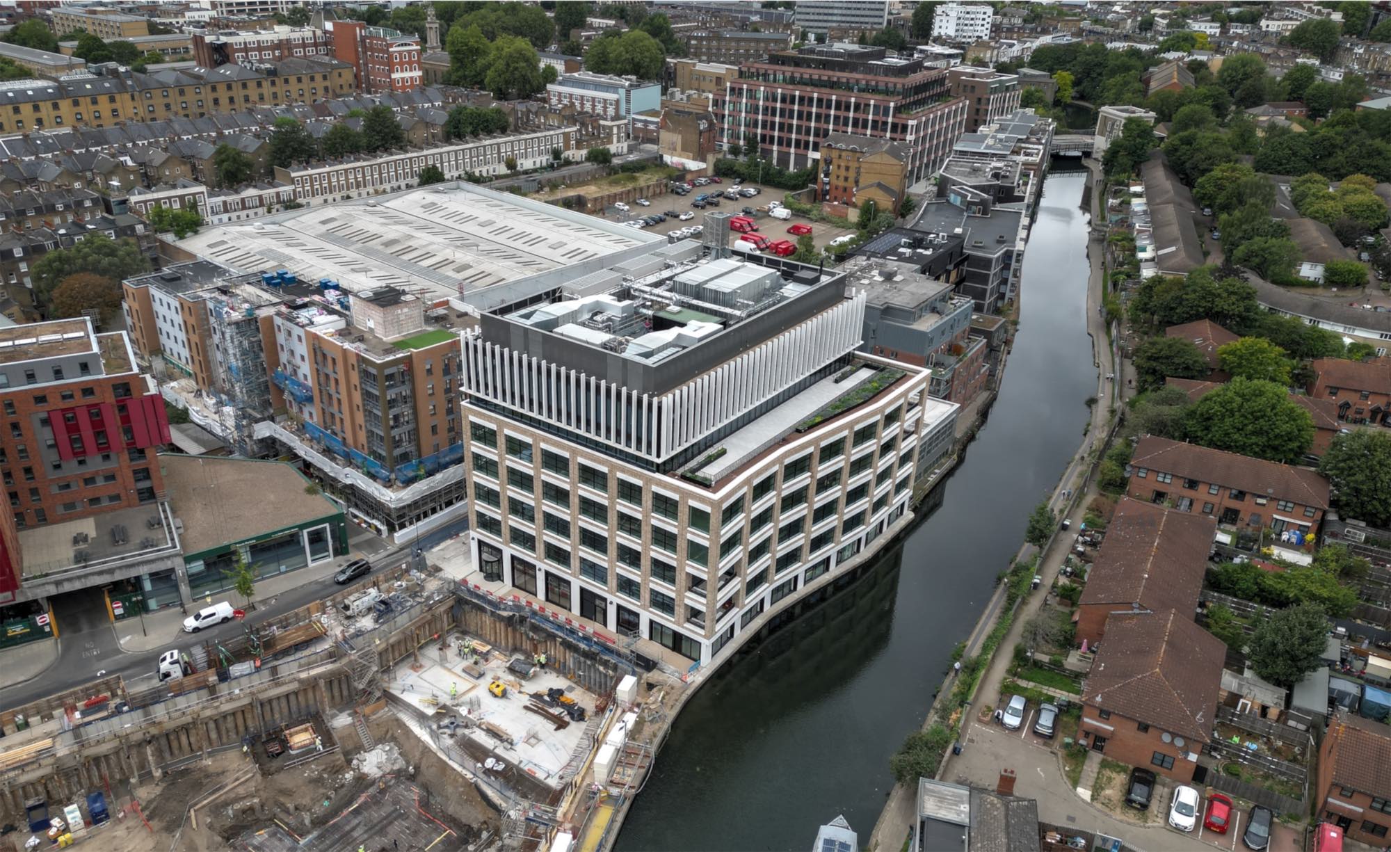 High aerial of the building beside Regent's Canal, with Camden around it.