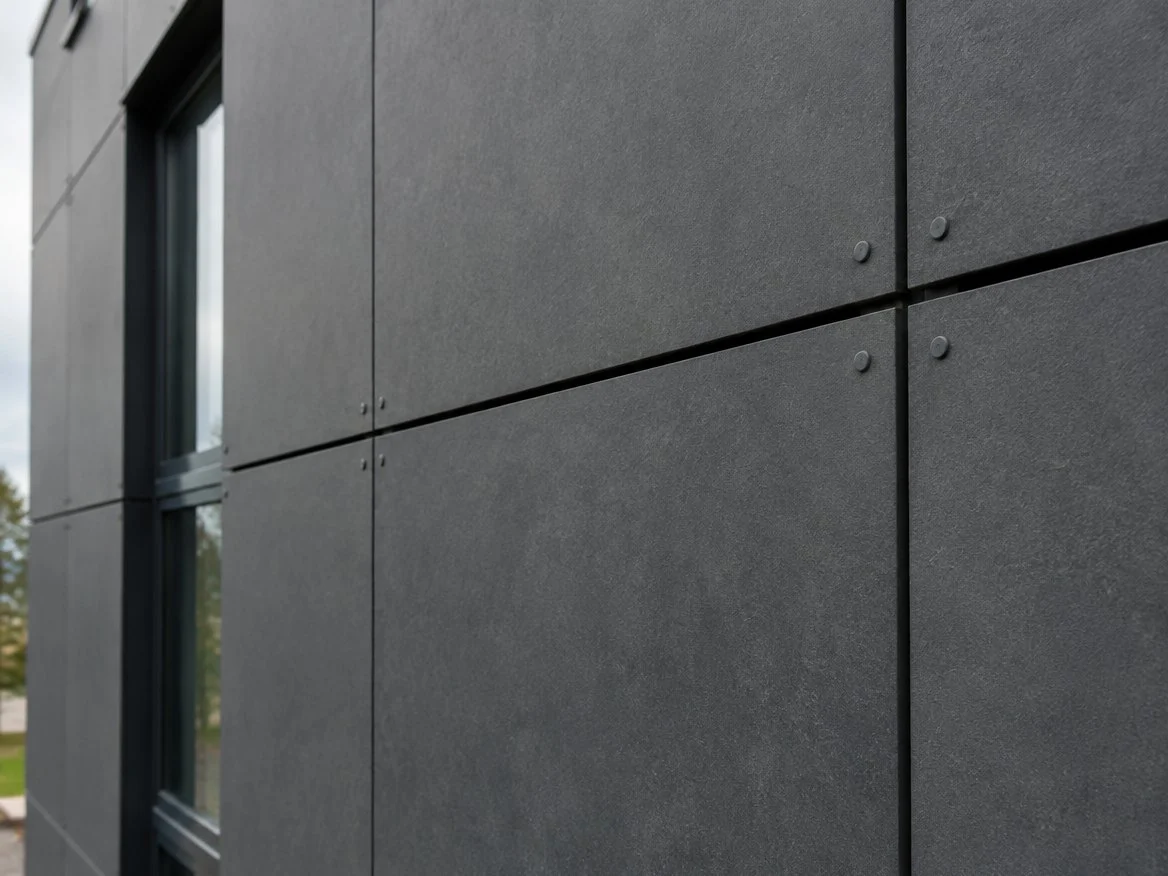 Close view of anthracite grey fibre cement rainscreen panels with open joints and small colour-matched rivets beside a window (illustrative image)