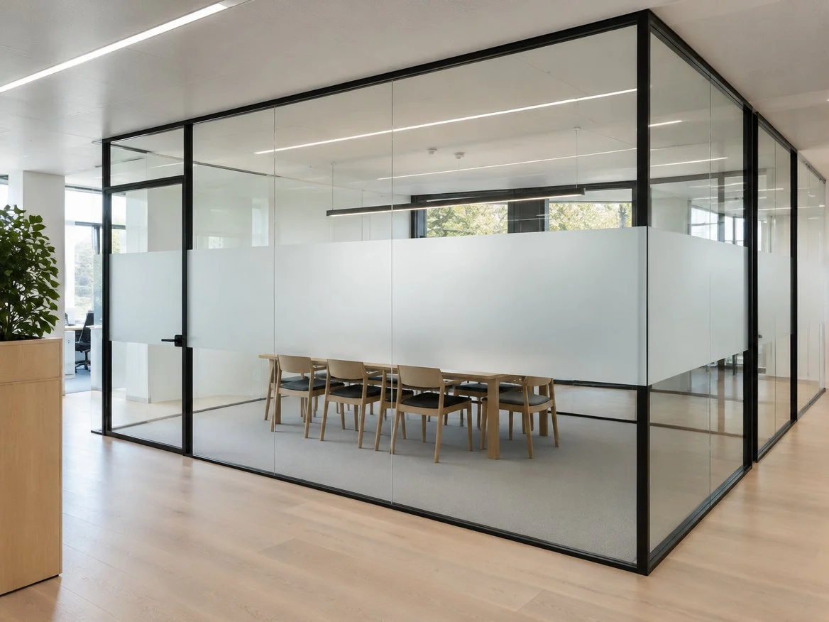 Meeting room enclosed by full-height glazed partitions in slim black frames, with a frosted band across the glass (illustrative image)