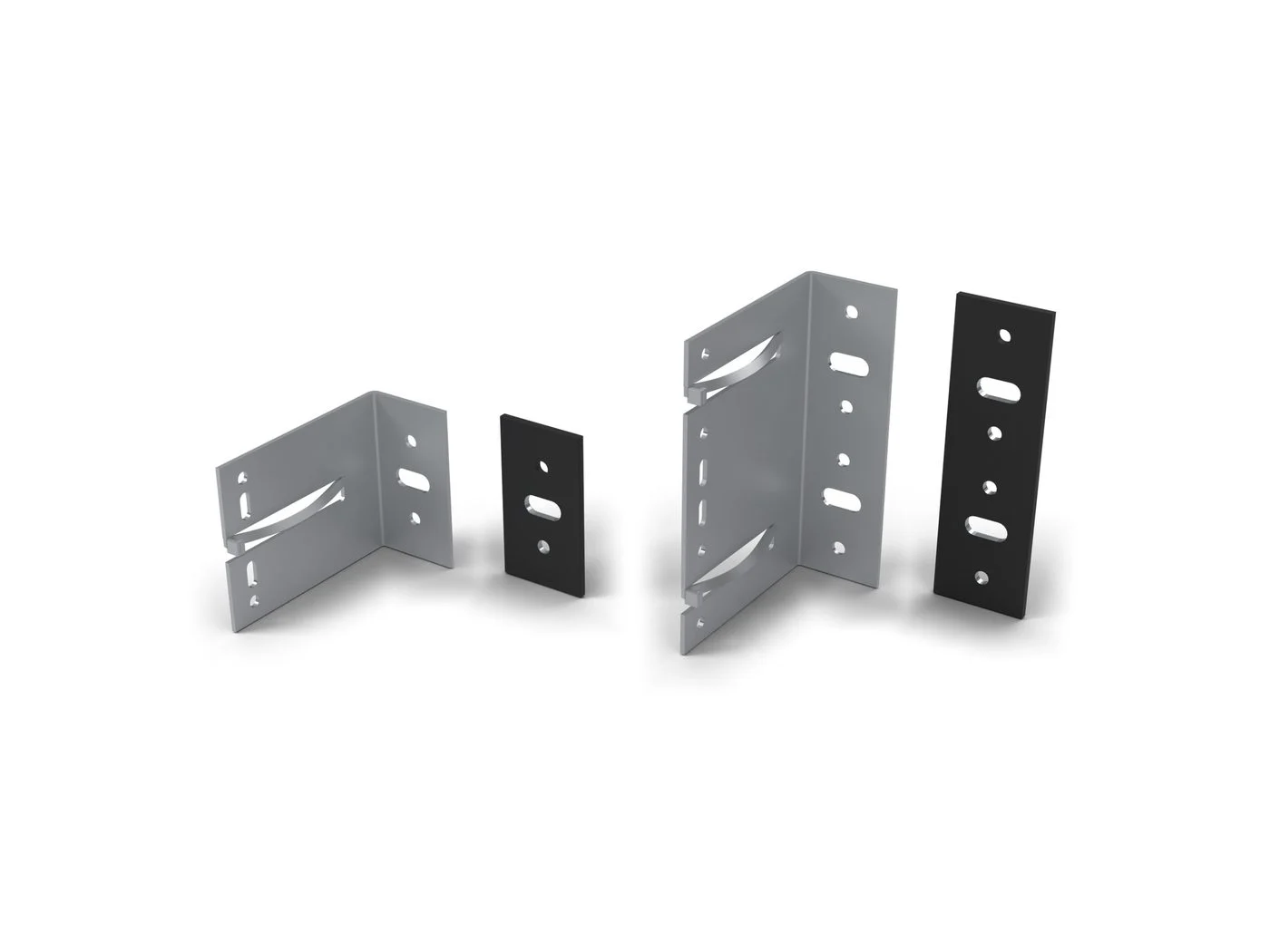 Express FS single and double façade brackets in aluminium: each an angle with a fork slot and a hooked tip in the projecting leg, and its black thermal pad beside it (illustrative render)