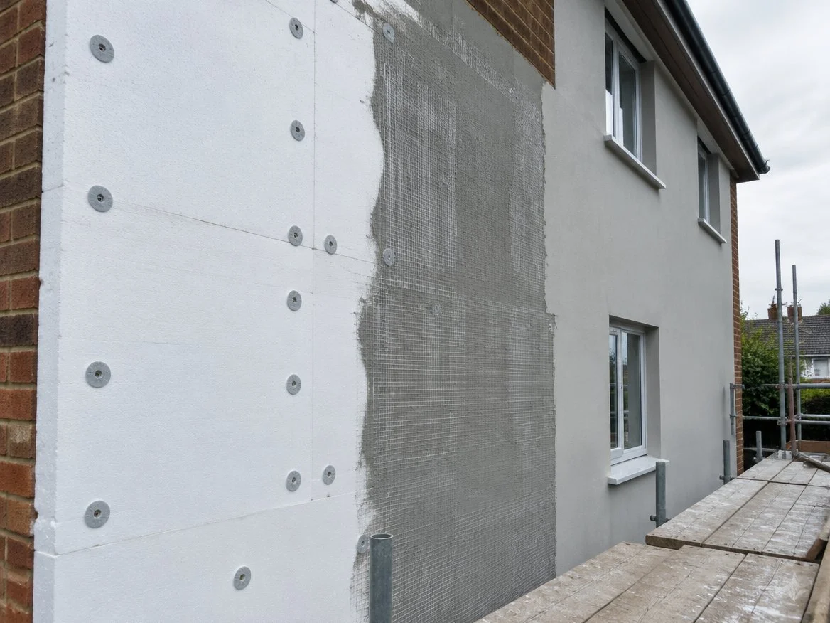 Brick house partway through external wall insulation: white insulation boards with fixings, then mesh-reinforced basecoat, then finished pale grey render (illustrative image)