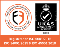 Registered to ISO 9001, ISO 14001 and ISO 45001 (Forefront, UKAS 8933)