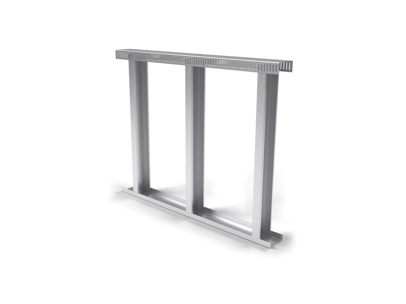 MET-PRO SFS wall frame in galvanised steel: base track, three C-studs and a slotted head track (illustrative render)