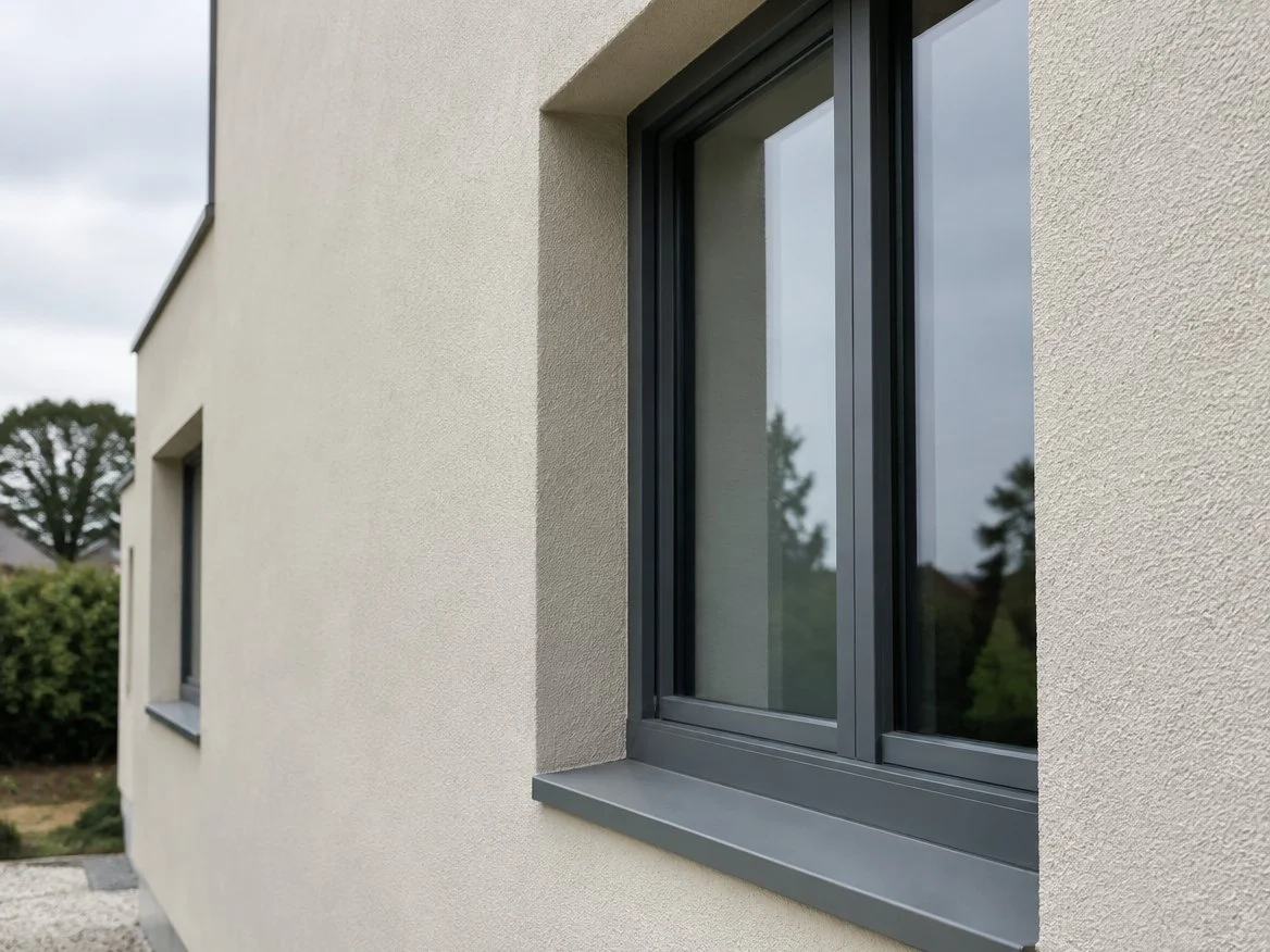 Warm off-white one-coat render with a fine scraped texture around a deep window reveal with a grey frame (illustrative image)