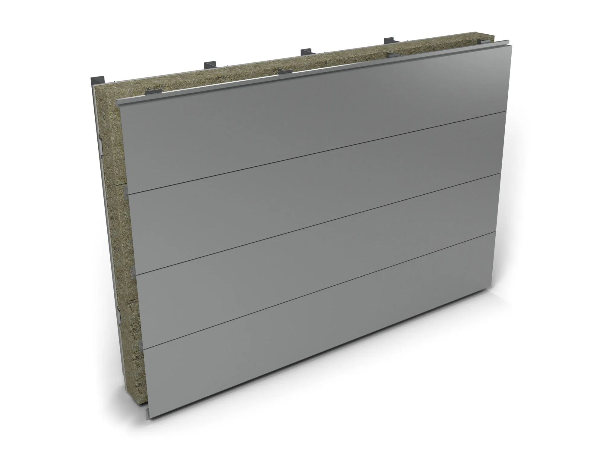 Express ALU Pro Plank, finished wall: 400 mm aluminium planks in RAL 9006 laid horizontally with slim shadow joints; the build-up shows at the sample's open edges (illustrative render)