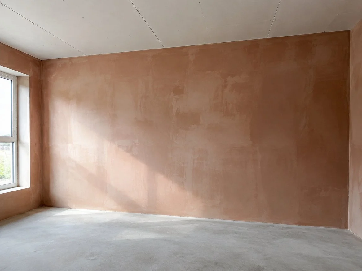 Freshly skimmed plaster wall drying in lighter and darker patches in an empty room, lit from a side window (illustrative image)