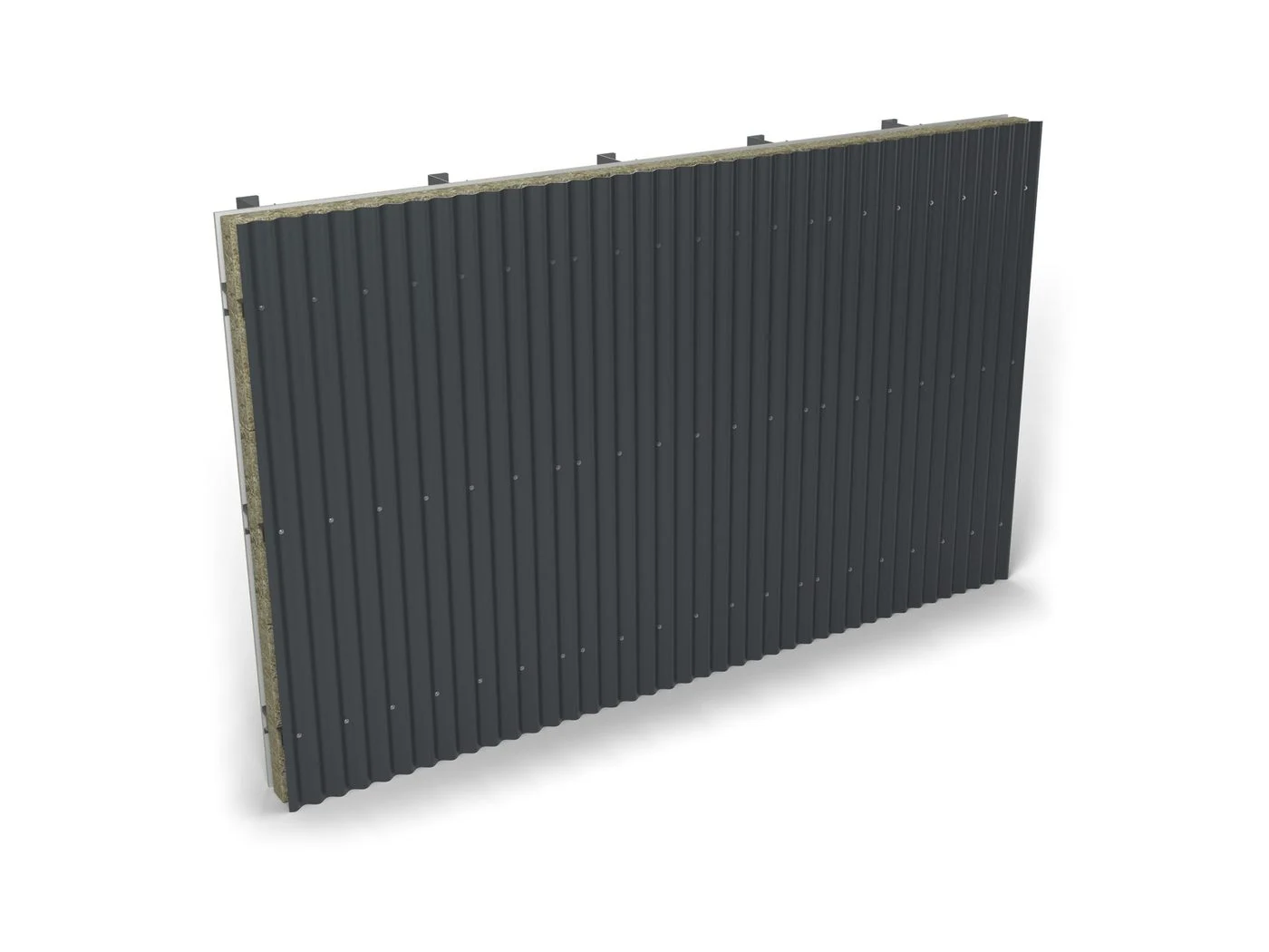 Finished wall of vertical Express Pro 53 corrugated sheets in RAL 7016, fixings in alternate troughs; the build-up shows at the edge (illustrative render)