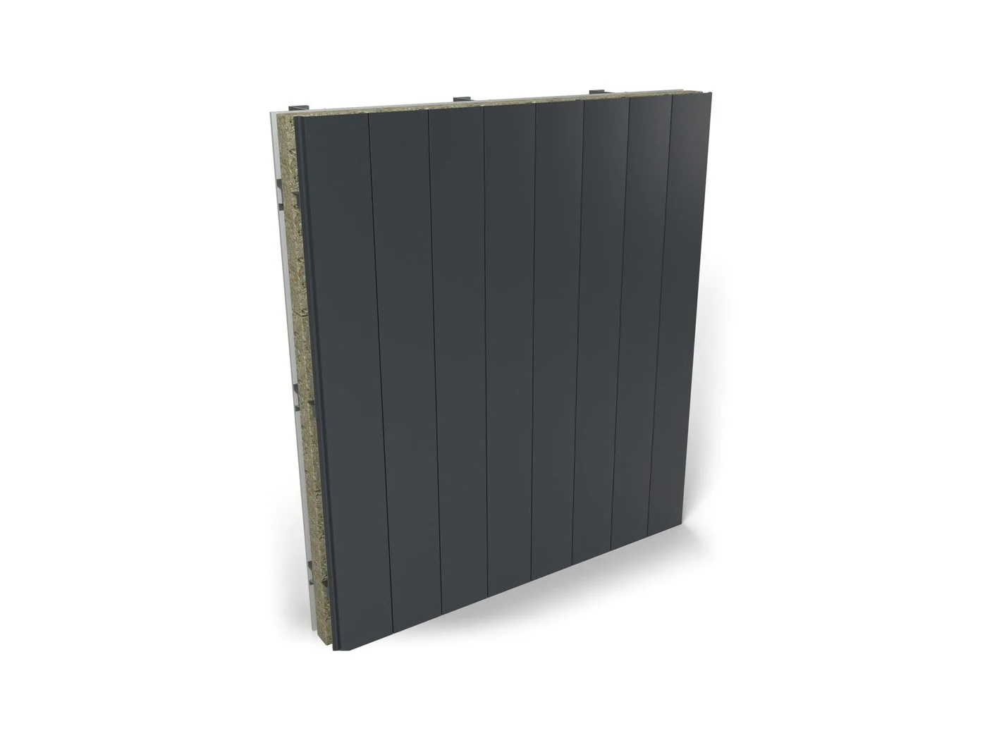 Finished wall of vertical Express Pro 54 steel planks, 200mm module with 3mm joints, RAL 7016; the build-up shows at the edge (illustrative render)