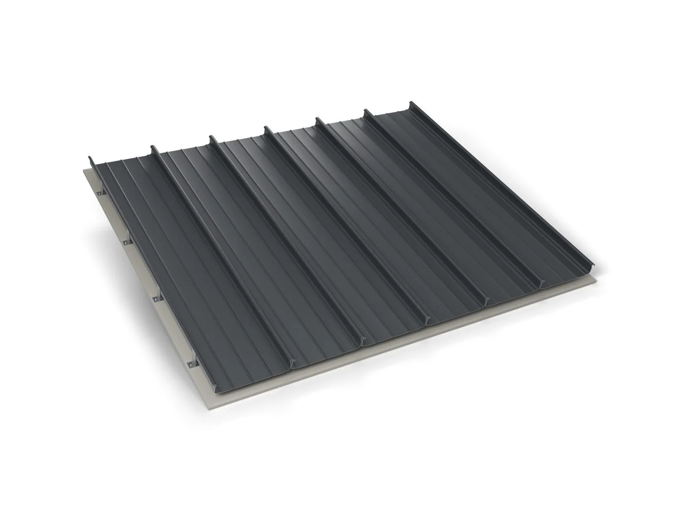 Finished roof of Express Pro 75-400 standing seam sheets in RAL 7016, seams running down the slope (illustrative render)