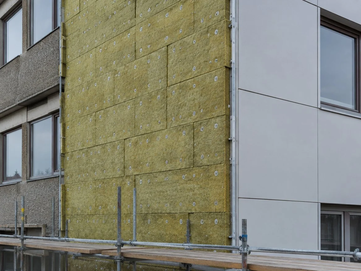 Old pebble-dashed concrete wall, new mineral wool insulation slabs fixed over it, and smooth pale grey façade panels finished beside them (illustrative image)