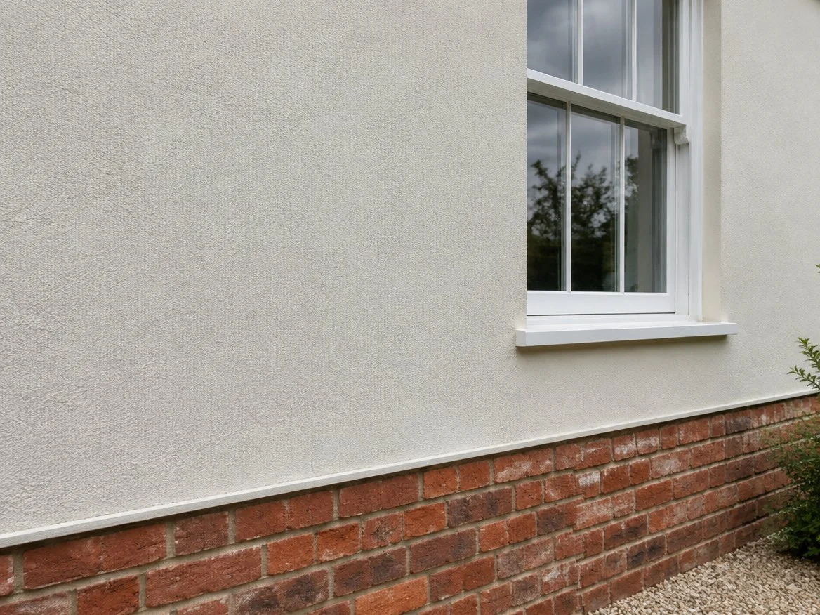 Floated sand and cement render painted warm white above a red brick plinth with a bellcast bead, beside a sash window (illustrative image)