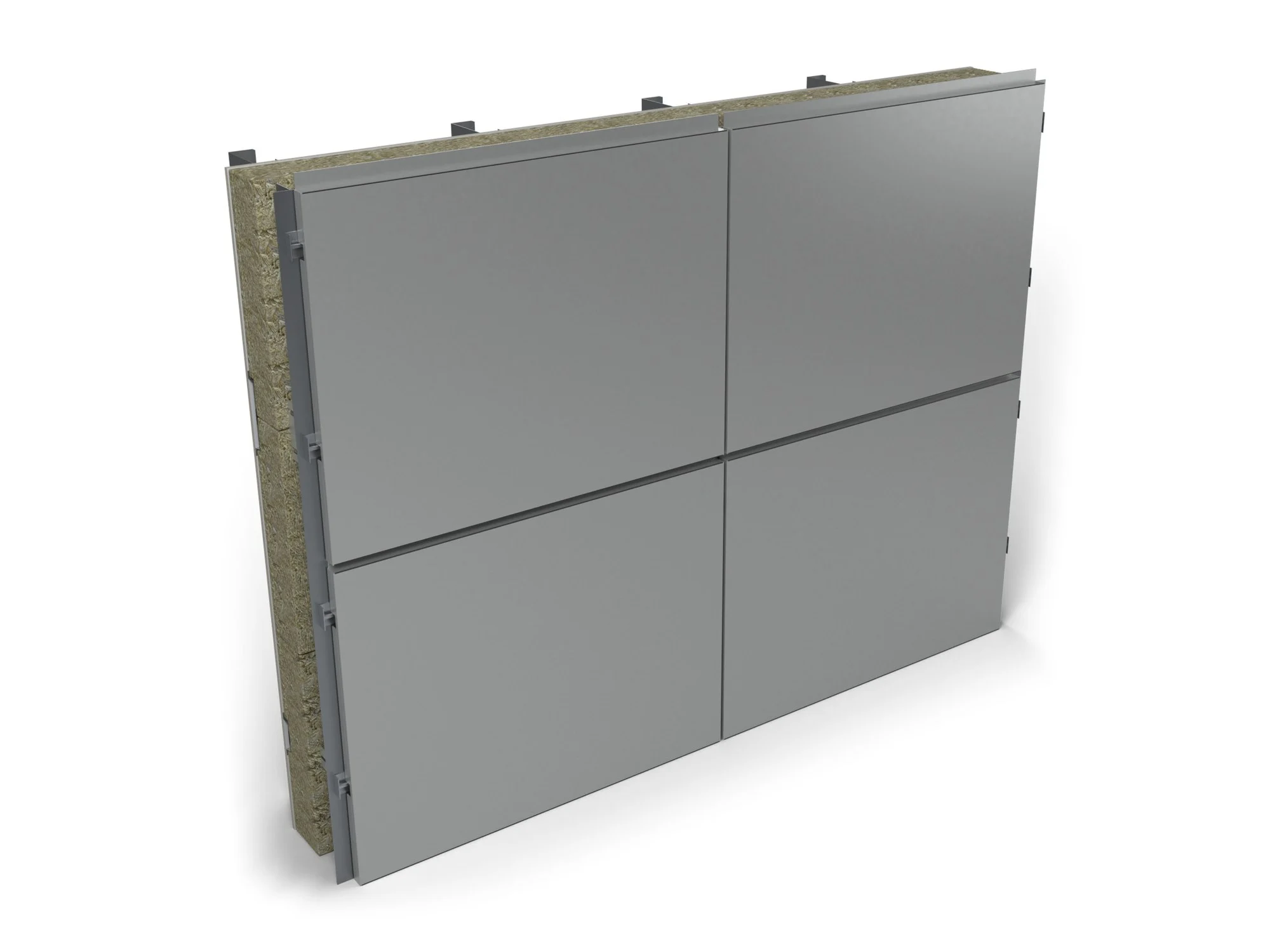 Express ALU Pro Secret Fix, finished wall: 3 mm aluminium panels in RAL 9006 with open joints and no visible fixings; the build-up shows at the sample's open edges (illustrative render)