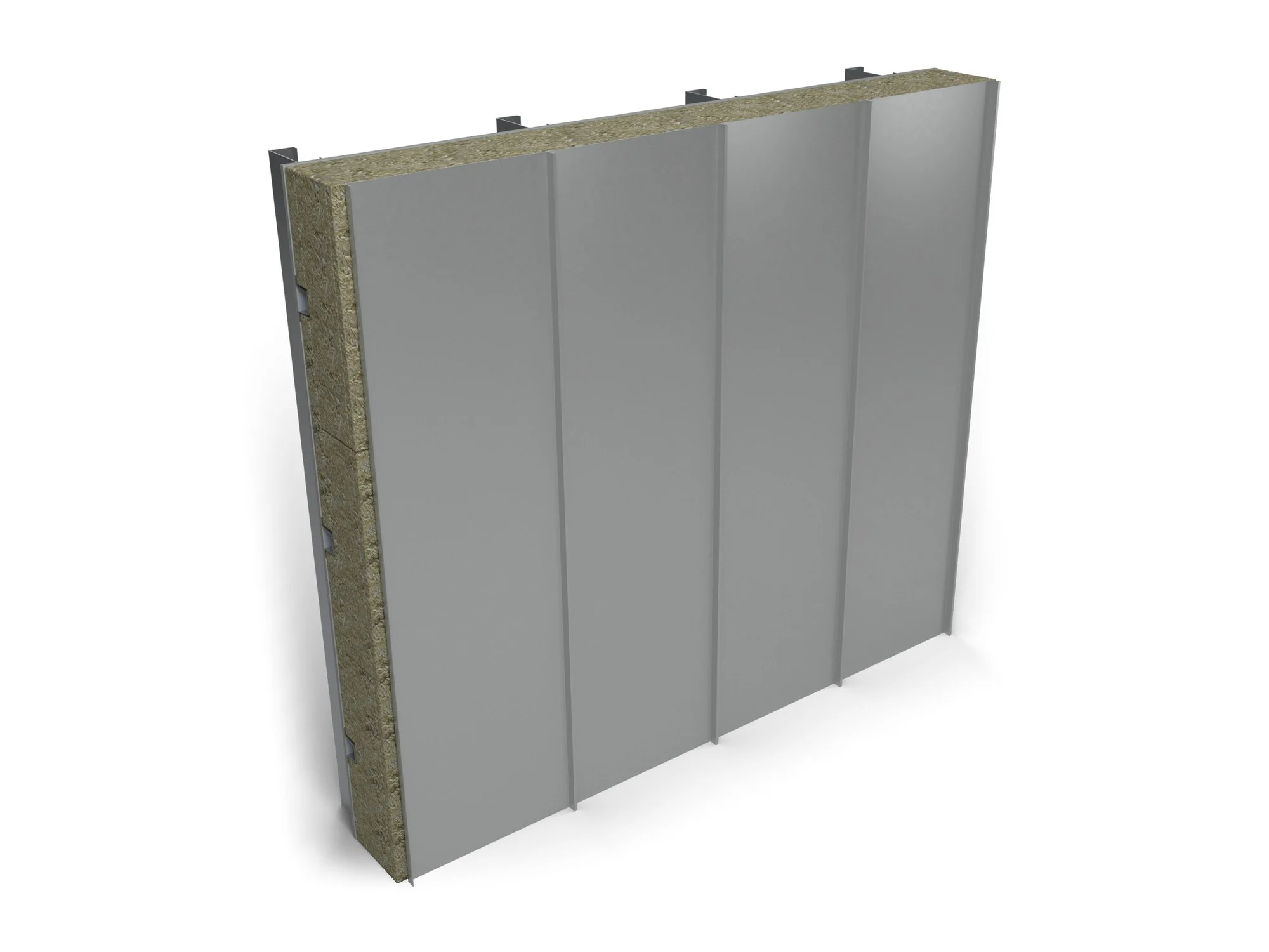 Express Pro Standing Seam, finished wall: vertical 0.7 mm steel standing seam sheets in RAL 9006, flat pans between raised seams at 500 mm centres; the build-up shows at the sample's open edges (illustrative render)