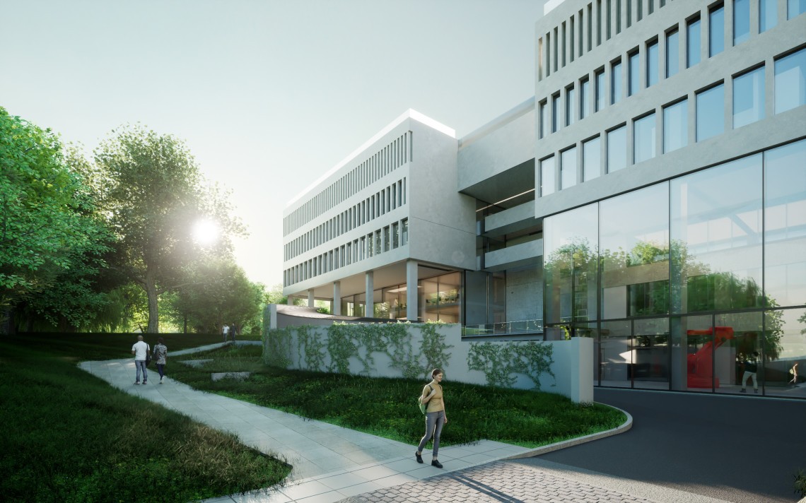 Visualisation of UEA CDP Phase 1: pale panelled buildings with full-height glazing set in landscaped grounds at the University of East Anglia