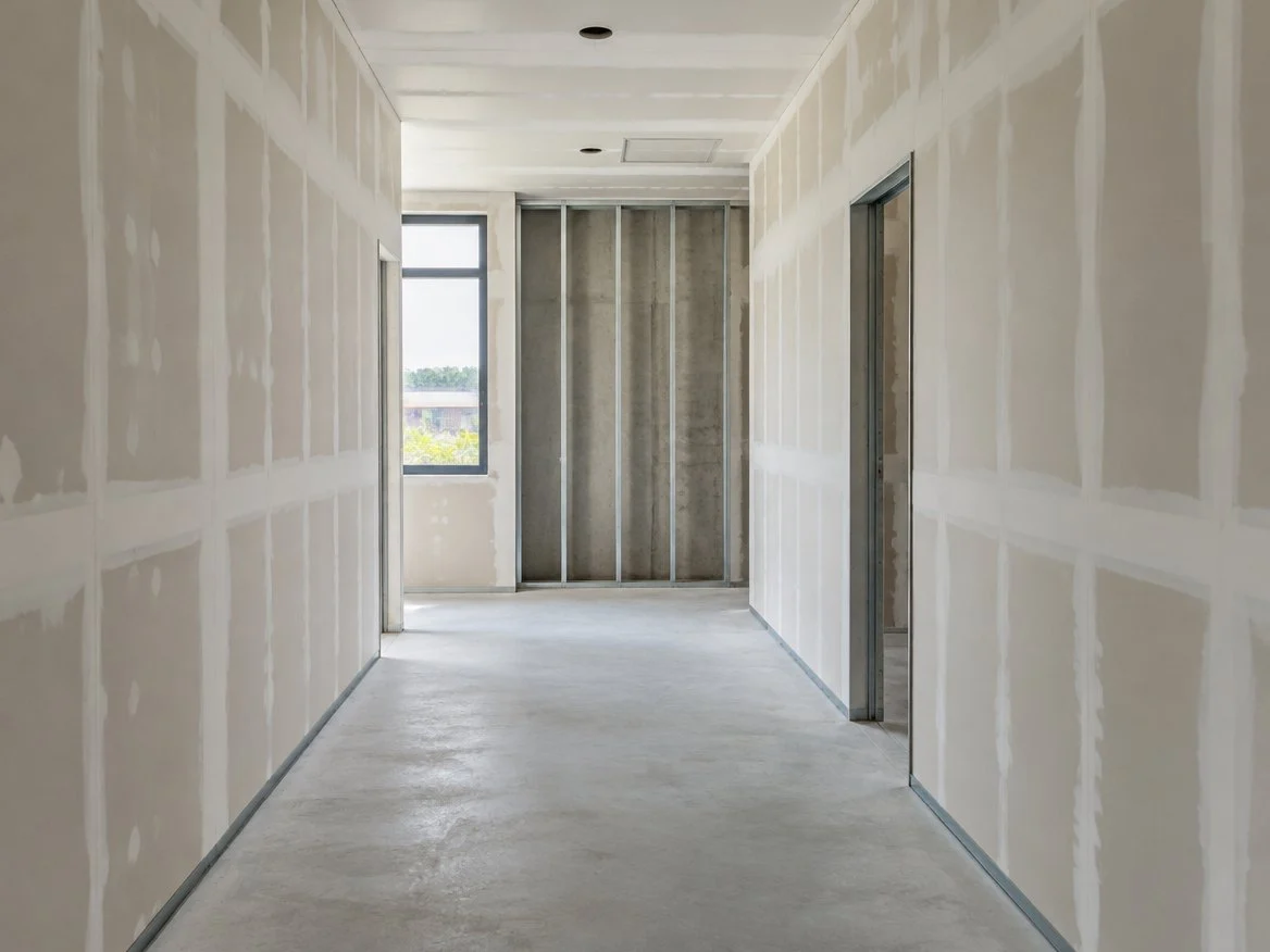 New corridor lined with plasterboard, the joints taped and filled, with bare metal studs still showing in the end bay (illustrative image)